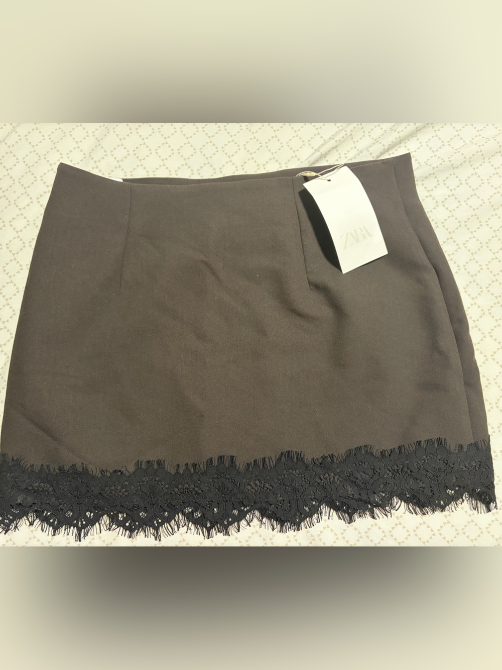 Zara Brown Mini Skirt with Black Lace Trim